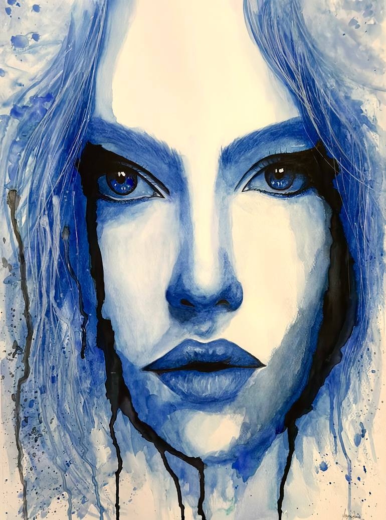 Portrait painting — melancholic face with blue watercolor tones by Allysa Blanco