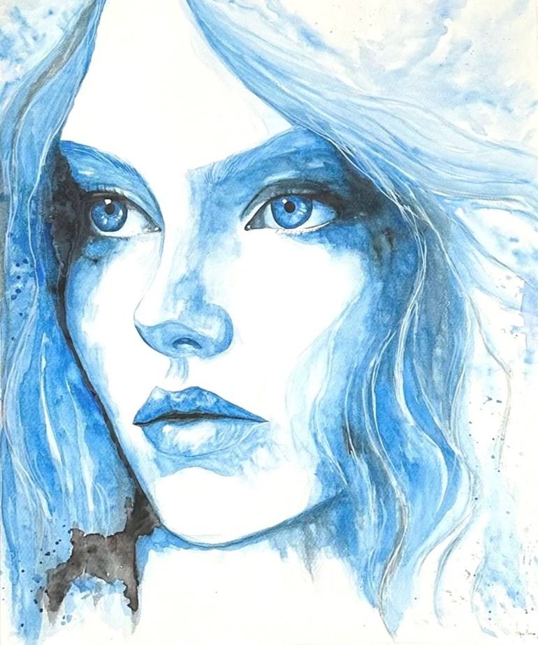 Close-up portrait with blue watercolor washes by Allysa Blanco