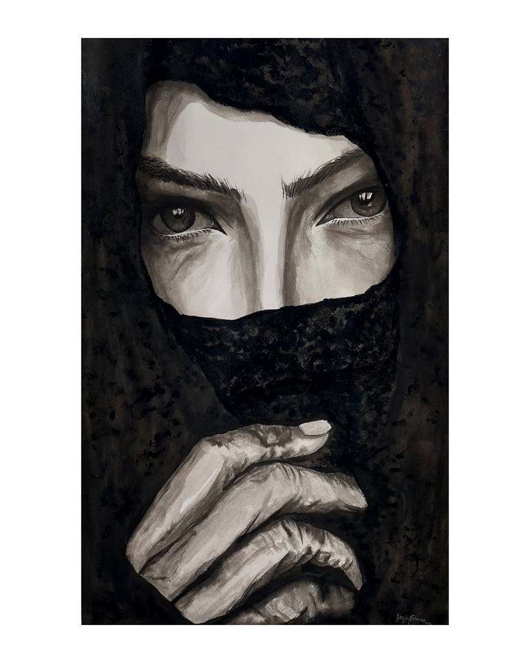 A haunting close-up portrait by Allysa Blanco — eyes emerging from black drapery